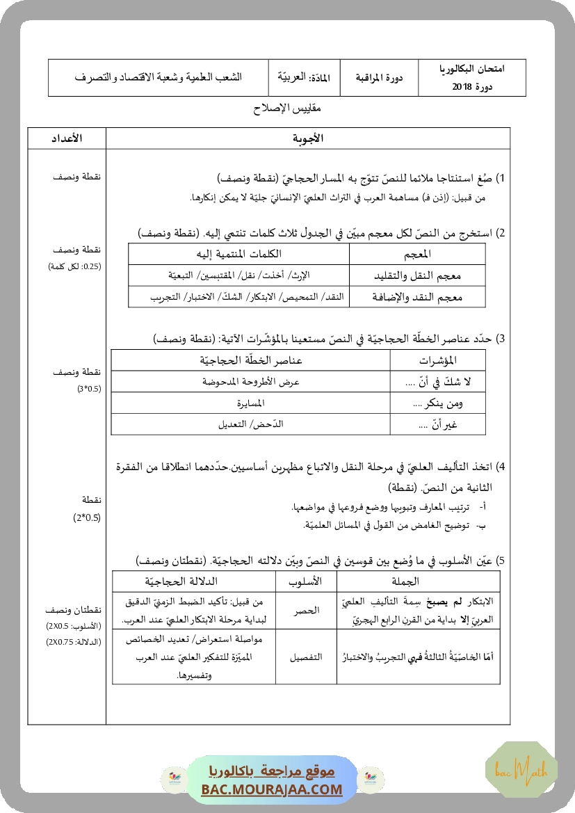 Corrigé controle arabe Bac 2018 – Section math
